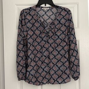 Daniel Rainn Paisley Print Long Sleeve Blouse Navy Blue & Pink peasant V-Neck